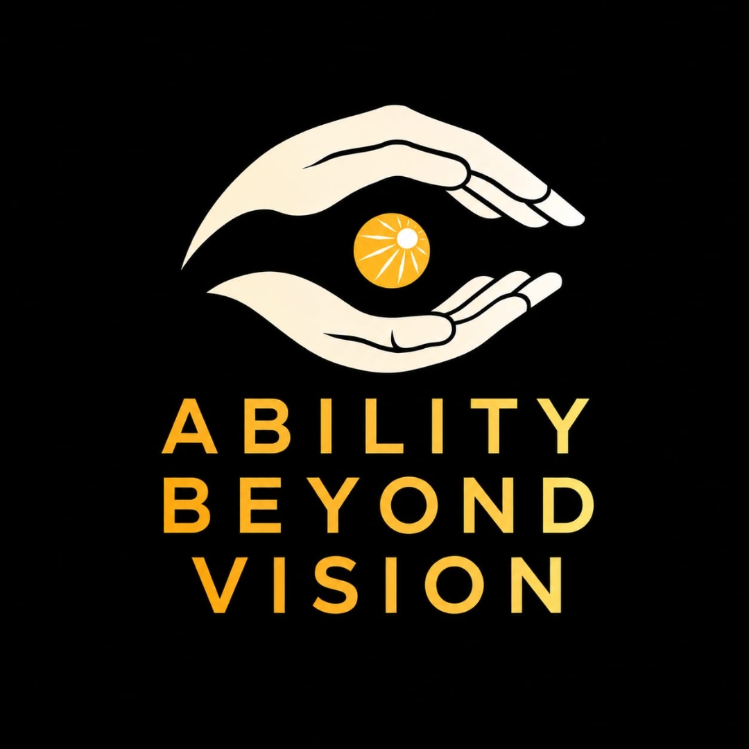 Ability Beyond Vision. Two cupped hands curve towards each other to form the shape of an eye, with a golden sun as the pupil.
